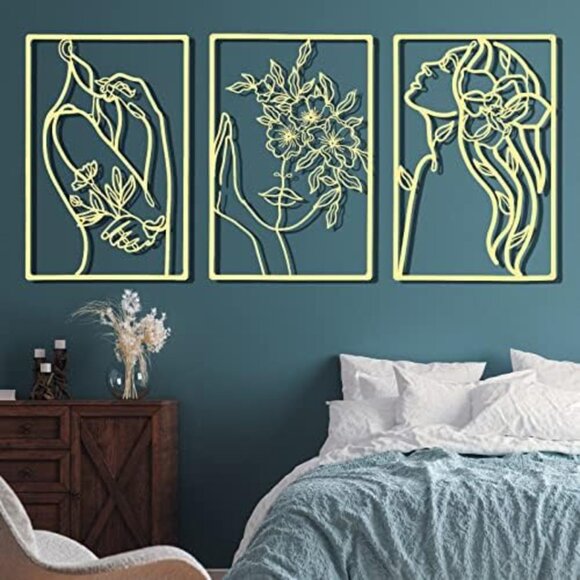 New 3 Pieces Single Line Gold Metal Wall Art Female & Flower Sign for Home Decor - Picture 4 of 7